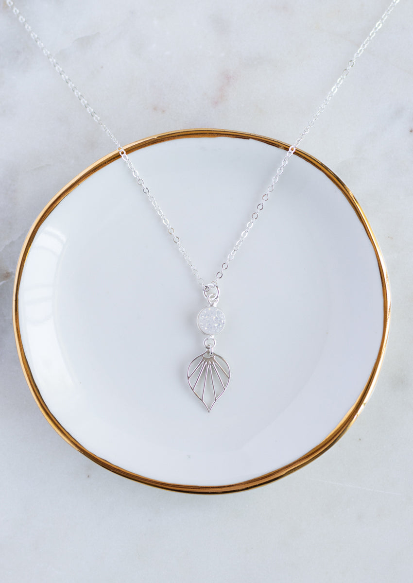 SALE Druzy & Palm Silver Necklace