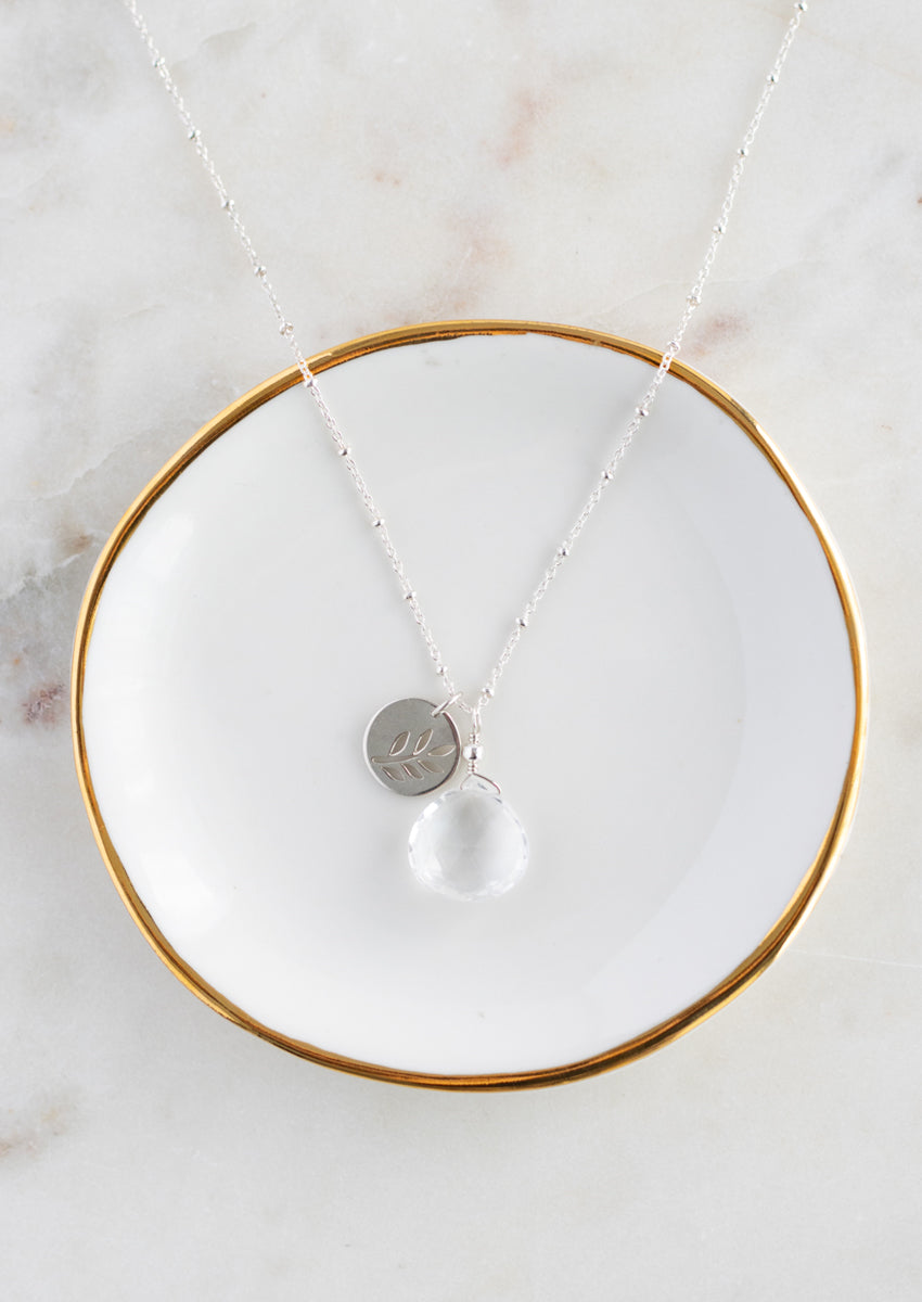 SALE Crystal Quartz Charm Long Silver Necklace