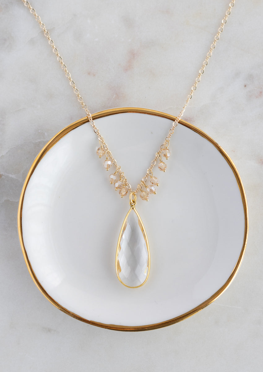 SALE Crystal Quartz Fringe Long Gold Necklace
